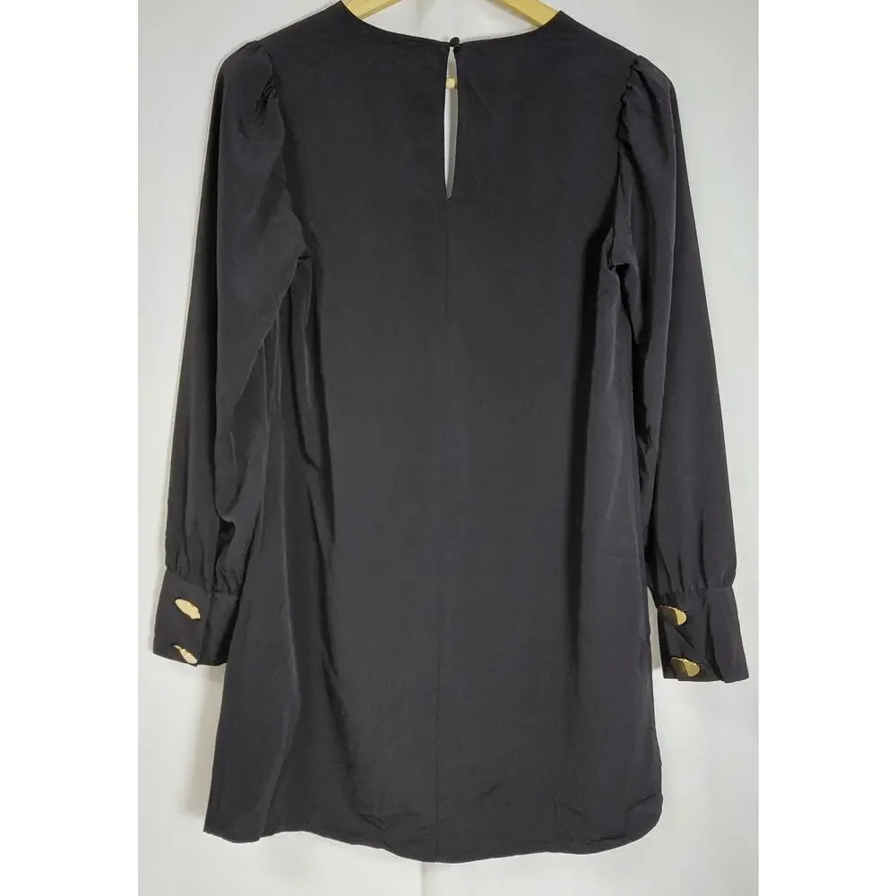 Express Black V-Neck Long Sleeve Gold Button Cuff Shift Dress Women Size XS